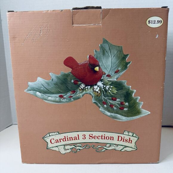 Christmas Traditions Cardinal Holly Ceramic Dish Holiday Red/Green 10" VTG - Picture 2 of 16